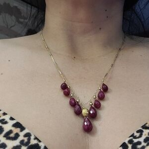 Elegant 14 Kt  Gold and Red Pear Rubies And 18 Kt Gold Bead  Necklace